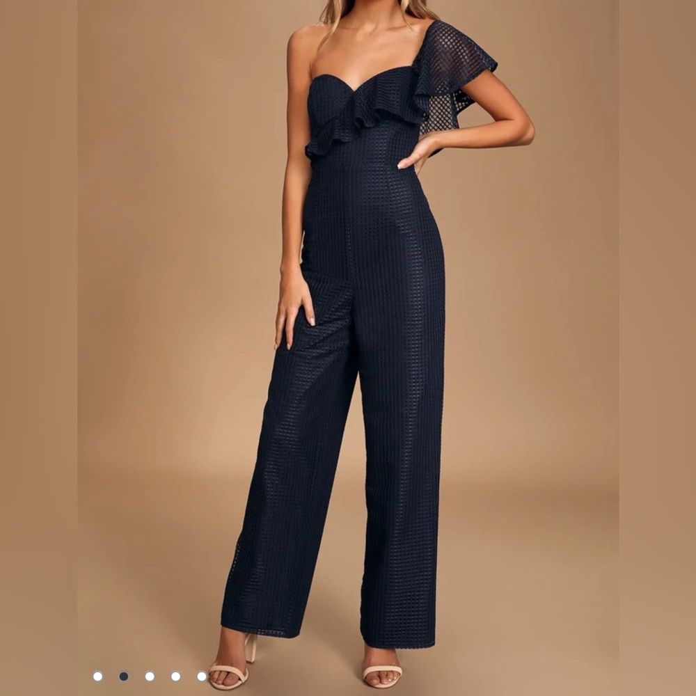 Lulus Navy Blue Grid Print Mesh One Shoulder Jumpsuit